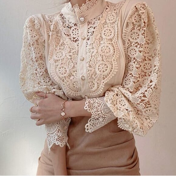 VICTORIAN BEAUTY Crochet Lace Mock Neck Pearl Button Down Blouse NEW - Picture 1 of 11